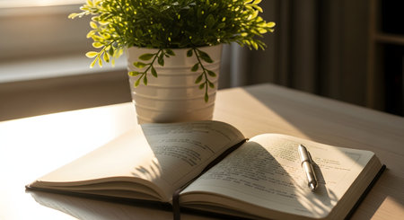 An open notebook with handwritten notes and a pen lies on a wooden desk bathed in warm morning sunlight. A green potted plant sits in the background, creating a calm and inspiring workspace.の素材
