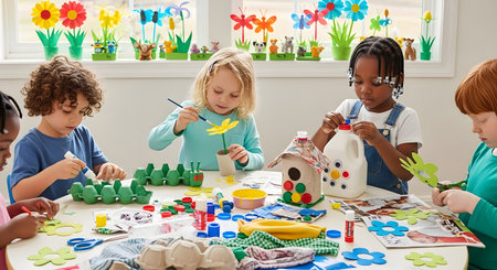 A group of diverse preschool children sits around a table, engaged in arts and crafts using recycled materials like egg cartons, a milk jug, and toilet paper rolls. They are painting, gluing, and cutting to make flowers and a birdhouse.の素材