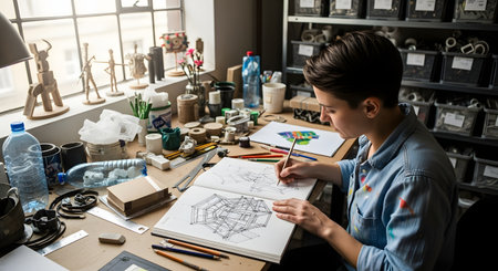 A young female artist with short hair, wearing a denim shirt, sits at a cluttered workshop desk and draws a complex geometric design in a sketchbook. Her studio is filled with art supplies, tools, models, and recycled materials.の素材