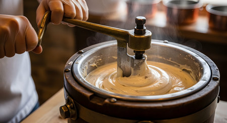 A close-up shot of hands operating a manual crank on a traditional wooden ice cream maker. Inside the metal canister, a creamy vanilla mixture is being churned, with cold vapor rising to indicate freezing temperatures. The image evokes nostalgia for homemade desserts and the artisanal process of food preparation.の素材