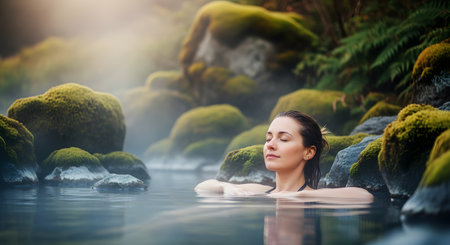 A serene woman relaxes with her eyes closed in a natural hot spring, surrounded by moss-covered rocks and ferns. Steam rises from the warm water, creating a peaceful and tranquil spa-like atmosphere. This image evokes relaxation, wellness, and a connection with nature.の素材