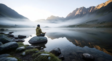 A man sits in a lotus position on a rock in the middle of a calm mountain lake, practicing meditation surrounded by mist and rugged peaks. The majestic and quiet landscape emphasizes themes of solitude, mindfulness, and inner peace.の素材