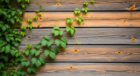 Fresh green ivy vines creep across a weathered wooden plank surface, creating a natural contrast between the living plant and the textured wood. This background image highlights rustic textures and the beauty of nature reclaiming man-made structures.の素材