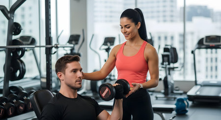 A fit man performs a dumbbell press exercise on a bench while a smiling female personal trainer spots him in a modern gym. The image represents fitness coaching, strength training, and a healthy active lifestyle.の素材