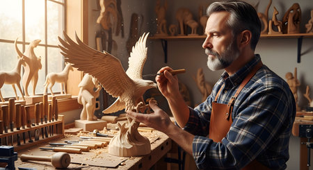 A skilled artisan carefully carves a detailed wooden eagle sculpture in his workshop, using a chisel to refine the wings. The workspace is filled with woodworking tools and shavings, showcasing the dedication and precision of traditional craftsmanship.の素材