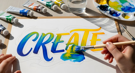 A close-up of an artist's hands painting the word 'CREATE' in a colorful blue-to-yellow gradient using a paintbrush. The artist's workspace includes watercolor tubes, a paint palette, and water, illustrating creativity, art, and inspiration.の素材