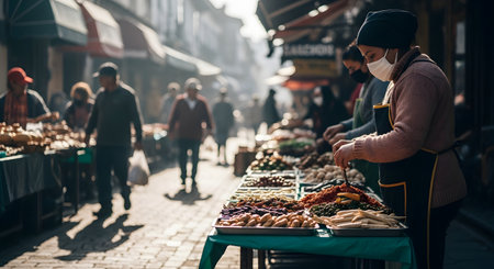 A female vendor wearing a face mask and apron arranges various foods like olives, sausages, and pickled items at a busy outdoor street market. Shoppers and other stalls are blurred in the background of the sunlit alley.の素材