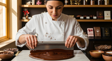 A professional female chocolatier tempers melted chocolate on a marble slab using a metal scraper. The scene takes place in a well-lit commercial kitchen with ingredients and tools in the background.の素材