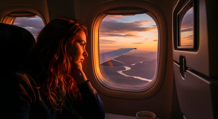 A young woman with long hair looks thoughtfully out of an airplane window at a beautiful sunset. The view shows the plane's wing over a winding river and mountains, illuminated by the golden light. She appears contemplative and relaxed during her flight.の素材