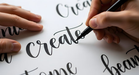 A close-up of a person's hands practicing modern calligraphy on white paper, writing the word "create" in black ink with a brush pen. Other handwritten words like "home" and "beauty" are visible on the page, showing the artistic hobby.の素材