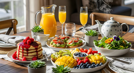 A vibrant and healthy brunch spread is laid out on a wooden table in the sunlight. The meal includes a stack of pancakes with raspberries, avocado toast, a large fresh fruit platter, a salad, and glasses of mimosa.の素材