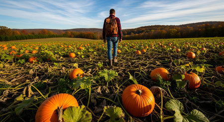 A man wearing a backpack walks away from the camera through a vast pumpkin patch field. The scene is set in autumn with colorful fall foliage on the distant hills and a blue sky with wispy clouds.の素材