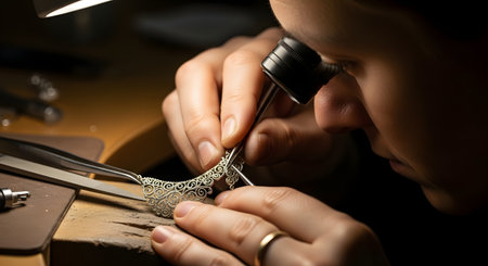 A macro shot of a jeweler meticulously working on an intricate piece of silver filigree jewelry. The craftsperson is using a jeweler's loupe for magnification and precision tools on a workbench. This represents fine craftsmanship, skill, and the art of jewelry making.の素材