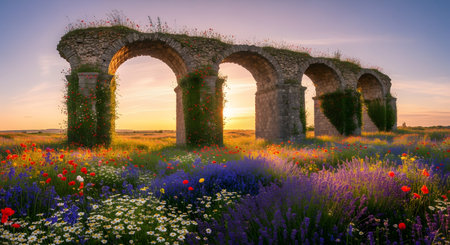 The ruins of an ancient Roman aqueduct stand in a vibrant field of colorful wildflowers, including poppies, lavender, and daisies. The stone arches are overgrown with greenery, set against a beautiful sunset sky.の素材
