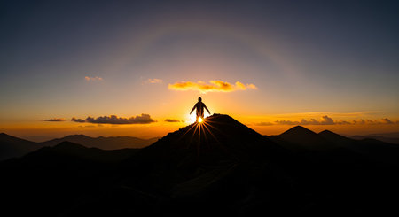 A silhouette of a hiker standing on a sharp mountain peak with arms slightly raised, framed by a dramatic sunburst and halo effect at sunrise. The golden light radiates from behind the figure, casting long shadows over the surrounding mountain ranges. The image conveys a powerful sense of freedom, spirituality, and awe-inspiring success in nature.の素材