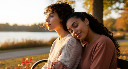 Two diverse female friends sit closely on a park bench during a golden autumn sunset, with one resting her head on the other's shoulder. The image conveys deep friendship, comfort, emotional support, and peace.の素材