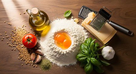 Top view of fresh Italian food ingredients arranged on a wooden table, including a mound of flour with egg yolks, a red tomato, olive oil, garlic, fresh basil, and a block of cheese with a grater. The scene evokes the beginning of a homemade culinary creation.の素材