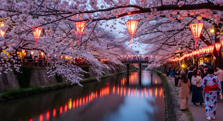 A breathtaking view of cherry blossoms in full bloom illuminated by lanterns at night along a river canal. Crowds of people stroll along the pathway, enjoying the traditional spring festival atmosphere in Japan.の素材