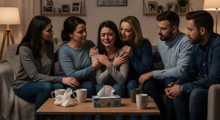 A young woman is crying on a sofa while being comforted by a supportive group of friends and family. People on both sides of her have their arms around her, offering comfort, empathy, and support during a difficult time.の素材