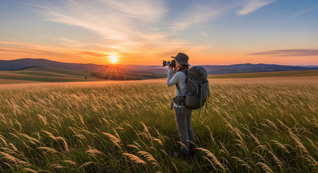 A female photographer with a backpack and hat stands in a vast, golden field at sunset, taking a picture of the scenic landscape. The sun is setting over rolling hills, creating a beautiful, warm glow.の素材