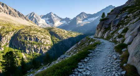 A rugged hiking trail paved with stones winds along a mountainside, leading towards majestic jagged peaks in the distance. The landscape is bathed in sunlight with green pine trees and a clear blue sky, inviting outdoor exploration.の素材