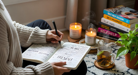 A person sits comfortably on the floor, writing in a journal surrounded by books, candles, and a cup of tea. The warm lighting and cozy decor create a peaceful atmosphere for self-reflection and mindfulness.の素材