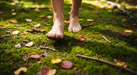 A low-angle close-up of bare feet walking on a soft, mossy forest floor covered with scattered autumn leaves. The image evokes a sense of grounding, connection with nature, and sensory freedom.の素材