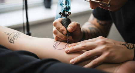 A close-up view of a tattoo artist's hands using a machine to apply black ink to a person's leg. The artist wears gloves and focuses intently on the line work of the geometric design.の素材