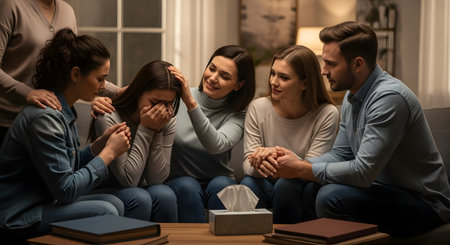 A supportive group of friends or therapy members comforts a crying young woman sitting on a sofa, offering reassuring touches and empathy. A tissue box sits on the table, emphasizing themes of mental health, grief, and emotional support.の素材