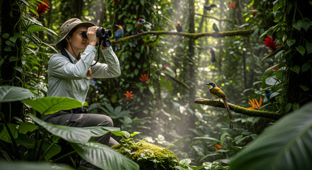 A female explorer uses binoculars to observe colorful tropical birds in a lush, dense rainforest environment. Sunlight filters through the green canopy as she crouches quietly among the foliage, surrounded by vibrant wildlife and nature.の素材