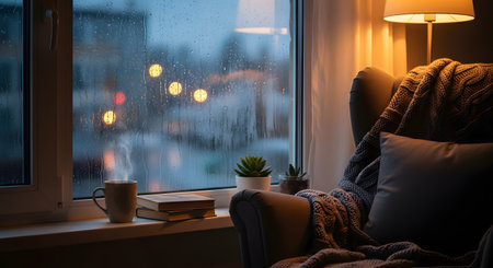 A cozy reading nook by a rainy window featuring a comfortable armchair, knitted blankets, and a hot cup of coffee. The mood is peaceful and melancholic, perfect for a quiet day indoors.の素材