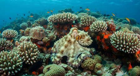 A large textured octopus blends into a vibrant coral reef environment in clear tropical waters. The marine scene highlights the biodiversity of the ocean floor, with colorful corals and small fish swimming in the blue background.の素材
