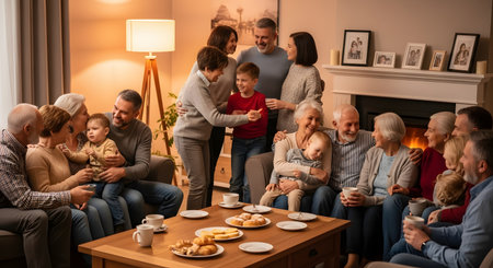 A large, multi-generational family gathers happily in a warm and cozy living room, engaged in conversation and laughter. Grandparents, parents, and children interact affectionately while coffee and pastries sit on the table in the foreground.の素材