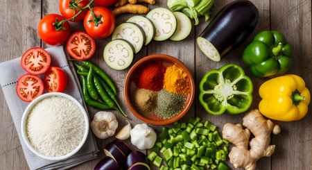 A rustic wooden table displays a colorful arrangement of fresh ingredients including tomatoes, eggplant slices, peppers, and green chilies. Bowls of spices and white rice are placed centrally, surrounded by garlic, ginger, and turmeric, suggesting preparation for a healthy meal. The top-down composition highlights the variety and freshness of the organic produce.の素材