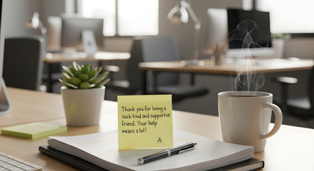 A yellow sticky note with a handwritten message thanking a friend for their support sits on a notepad on an office desk. Beside it is a steaming mug of coffee and a small plant, set against a blurred modern office background.の素材