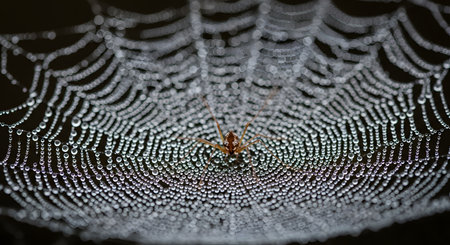 A close-up macro shot of a spider resting in the center of its web, which is covered in sparkling morning dew drops. The dark background contrasts with the intricate pattern of the web and the glistening water beads.の素材