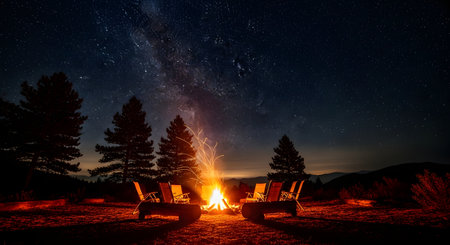 A bright campfire burns warmly in the foreground, surrounded by empty camping chairs, set against a spectacular starry night sky featuring the Milky Way. Silhouetted pine trees and distant mountains frame the cosmic view, creating a serene and adventurous atmosphere. The scene perfectly captures the solitude and beauty of wilderness camping under the stars.の素材