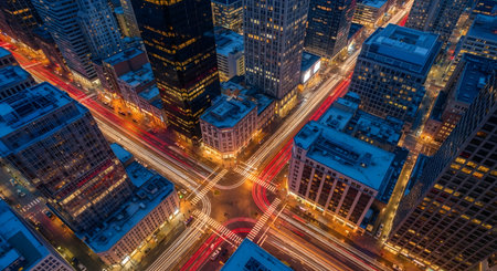 An aerial view captures a busy city intersection at night, showcasing vibrant light trails created by moving traffic. Tall skyscrapers with illuminated windows line the streets, highlighting the dynamic energy of the urban business district.の素材