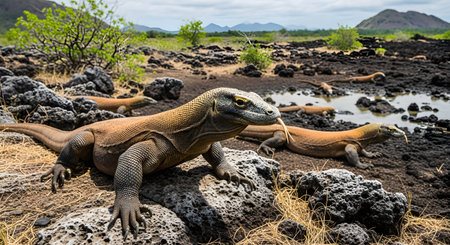 A large Komodo dragon stands on a rocky, volcanic terrain with its tongue flicking out, surrounded by other dragons in the background. The rugged landscape features dark soil, sparse green vegetation, and distant mountains, highlighting the reptile's natural habitat.の素材