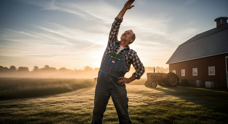 An elderly farmer wearing denim overalls stretches his arm in a sunlit field at dawn, preparing for the day's work. A classic red barn and a tractor are visible in the misty background, symbolizing traditional agricultural life.の素材