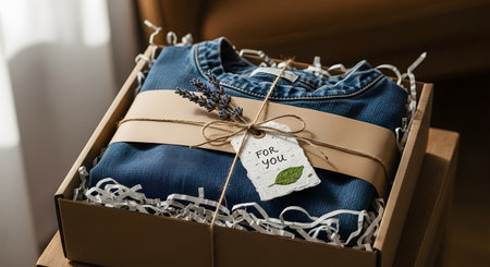 A neatly arranged eco-friendly gift box contains a folded blue denim garment wrapped in paper and tied with twine. A handwritten 'For you' tag and a sprig of dried lavender add a personal, rustic, and sustainable touch to the packaging.の素材