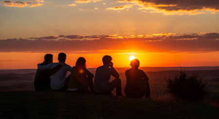 A group of five friends sits on a hilltop, their silhouettes outlined against a vibrant orange and purple sunset. They have their arms around each other, enjoying the breathtaking view and a moment of connection. The scene embodies friendship, unity, and the beauty of nature.の素材