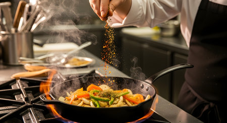 A chef sprinkles seasoning from above into a cast-iron skillet where vegetables are sauteing over a high flame. The action shot captures the spices mid-air and the dramatic flare of fire, emphasizing the heat and intensity of professional cooking. This culinary moment showcases the skill and passion involved in gourmet food preparation.の素材