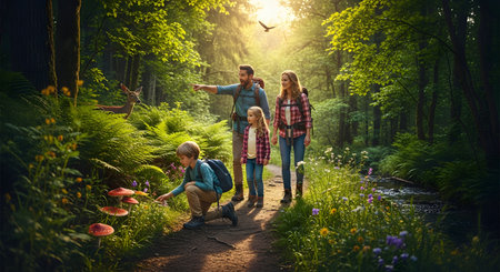 A family with two children hiking on a forest path stops to observe a wild deer in the sunlit woods. The scene captures a moment of wonder and connection with nature during an outdoor adventure.の素材