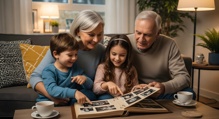 A heartwarming scene of grandparents and their grandchildren sitting on a sofa, looking through a photo album together. They are smiling and pointing at pictures, enjoying a bonding moment full of nostalgia and love in a cozy living room.の素材