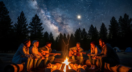 A group of happy friends sits around a campfire at night in a forest, playing guitar and roasting marshmallows. The sky above is illuminated by the Milky Way and countless stars, creating a memorable camping experience.の素材