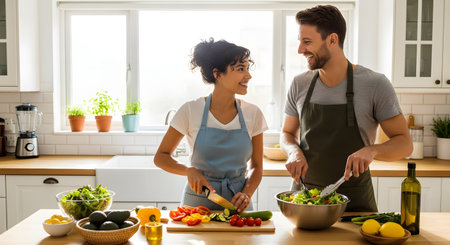 A smiling young couple enjoys cooking together in a bright, modern kitchen. The man tosses a fresh green salad while the woman chops vegetables, highlighting a healthy and happy lifestyle.の素材