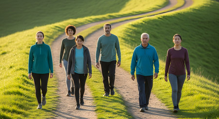 A diverse group of people walks together along a dirt path winding through rolling green hills. Dressed in casual activewear, they represent a healthy lifestyle, community, and the enjoyment of nature and exercise.の素材
