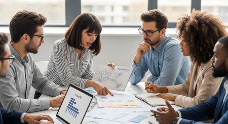 A diverse team of business professionals discussing a project plan in a modern office. They are analyzing charts and documents on the table, engaging in collaborative strategic planning.の素材