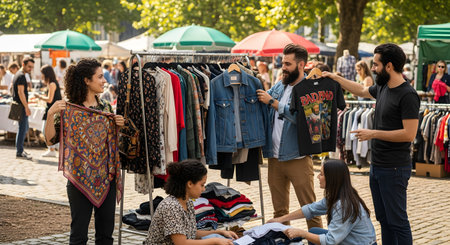A group of friends browses through racks of vintage clothing at a bustling outdoor flea market on a sunny day. They smile and discuss items like denim jackets and graphic t-shirts, enjoying a sustainable shopping experience.の素材